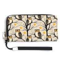 Leather Wristlet Wallets for Women - Vintage Owl Tree Pattern Print Small Ladies Wallet Hand Purse w