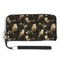 Leather Wristlet Wallets for Women - Moonlight Owl Print Small Ladies Wallet Hand Purse with Zipper