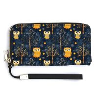Leather Wristlet Wallets for Women - Woods Owl Print Small Ladies Wallet Hand Purse with Zipper