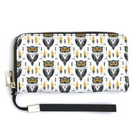 Leather Wristlet Wallets for Women - Tribal Style Owl Print Small Ladies Wallet Hand Purse with Zipp