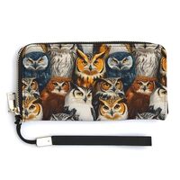 Leather Wristlet Wallets for Women - Colorful Owl Print Small Ladies Wallet Hand Purse with Zipper
