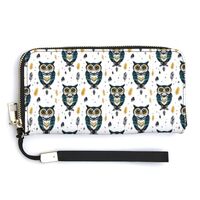 Leather Wristlet Wallets for Women - Green Feather Owl Print Small Ladies Wallet Hand Purse with Zip