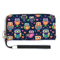 Leather Wristlet Wallets for Women - Cartoon Cute Owl Print Small Ladies Wallet Hand Purse with Zipp