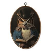 Yorhifa Vintage Owl Reading Book Framed Wall Art, Whimsical Owl Oval Wall Art, Retro Moody Bookish R