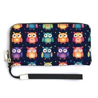 Leather Wristlet Wallets for Women - Cartoon Owl Colorful Print Small Ladies Wallet Hand Purse with 