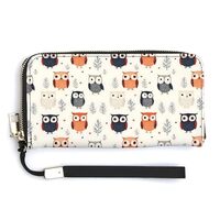 Leather Wristlet Wallets for Women - Cute Owl Cartoon Print Small Ladies Wallet Hand Purse with Zipp
