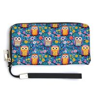 Leather Wristlet Wallets for Women - Flower Owl Print Small Ladies Wallet Hand Purse with Zipper
