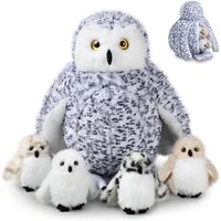 HyDren 5 Pcs Snowy Owl Stuffed Animal 16 Inch Mommy Stuffed Plush Toy with 4 Baby Owl in Zippered Tu