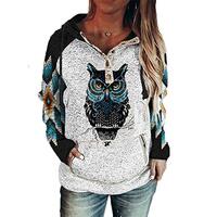IVERIRMIN Owl Hoodie for Women, Western Ethnic Style Owl Print Button Up Hooded Sweatshirt Pullover 