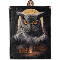 VOPNXLT Forest Owl Night Blanket, Soft Cozy Lightweight Intense Owl with Mountains, Cabins and Fire 