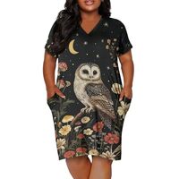 Pinupub Black Retro Floral Owl Dresses for Women Casual Plus Size Short Sleeve Tshirt Dress with Poc