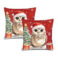 KEEPAEON Christmas Owl Hat Throw Pillow Cover Merry Christmas 14x14 Inch Set of 2 Linen for Sofa Cou