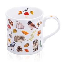 Autumn Animals Coffee Mug, 12 oz New Bone China Mug with Bird, Hedgehog, Owl & Pumpkin Design, H