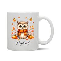 Personalized Fall Owl Maple Leafs White Coffee Mug, Autumn Owl Cups Gifts For Men Women Son Daughter