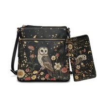 Sktodyaw Owl Mushroom Daisy Print Crossbody Bags for Women Trendy 2pcs PU Leather Hobo Purses and Wa