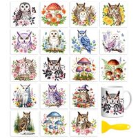 Peacoblue 18 Sheets Rub On Transfers for Crafts, Owl Flowe and Mushroom 3.6"x3.9" UV DTF C