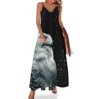 Summer Dresses Snowy Owl and Stars Dress for Women Beach Long Maxi Dress Floral Print Sundress XL