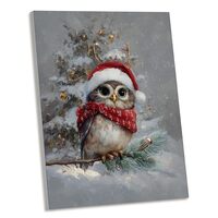 AEHIE Vintage Winter Christmas Owl Wall Art Decor, Farmhouse Xmas Winter Snowy Owl Framed Canvas Wal