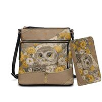 Sktodyaw Cute Owl Flower Zipper Print Crossbody Bag and Wallet Set for Women Leather Shoulder Bag wi