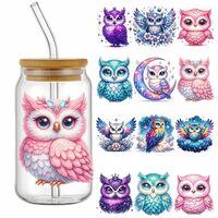 4pcs Christmas Glitter Owls UV DTF Cup Wraps Transfer Waterproof Sticker for Glass Cups Furniture Cr