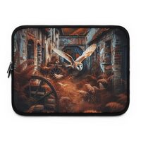 Vibrant Dual Zipper Premium Foam Laptop Sleeve - Barn Owl Gliding Through an Abandoned European Vill