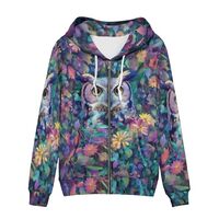 Warmkitty Owl Flowers Print Zip Up Hooded Sweatshirt for Women Vibrant Designs Long Sleeve with Pock