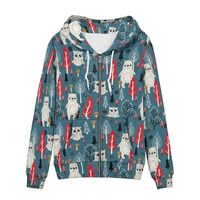 PinUp Angel Cute Cartoon Woodland Bears Owls Print Women's Casual Zip Up Graphic Hoodies Long S