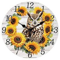 CHGCRAFT Sunflowers Owls Style Pattern Wall Clock 12 Inch Non-Ticking Clocks Round Wall Hanging Cloc