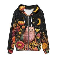 Whimsical Moon Night Owl Flowers Print Zip Up Hoodies for Women Fall Fashion Graphic Sweatshirt Jack