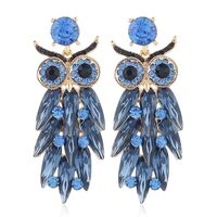 Blue Crystal & Rhinestone Owl Face Earrings - Gold-Tone Feather-Dangle Drop Earrings, Statement