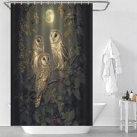HDESDIS Nature Owl Moon Tree Shower Curtain, Green Leaf Forest Bathroom Curtain for Rustic Farmhouse
