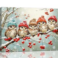 Christmas Owl Wall Art, Winter Owl Canvas Wall Decor, Owls Xmas Pictures Framed Painting, Artwork fo