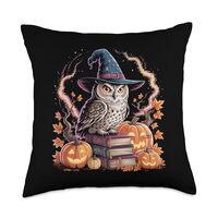 Witch Owl Pumpkin Autumn Leaves Halloween Magic Design Throw Pillow