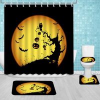 Halloween 4 Pcs Shower Curtain Set Pumpkins Bats Owls Moon Style Bath Decor All Saints Day Party Bat