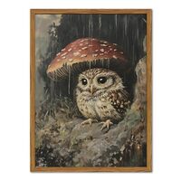 Framed Vintage Owl Canvas Wall Art, Cute Bird Mushroom Pictures Wall Decor, Cottagecore Forest Anima
