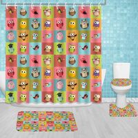 Owl 4 Pcs Shower Curtain Set Cute Cartoon Owls Style Bath Decor Bird Bathroom Set Colorful Patchwork