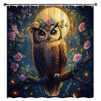 LMMRLM Fantasy Owl Shower Curtain Cute Bird Farmhouse Animal Full Moon Wildlife Purple Flowers Rusti
