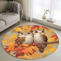 Round Rugs 3 Ft, Fall Owl Non Slip Area Rugs for Kitchen Bedroom Entryway, Orange Red Maple Leaf Aut