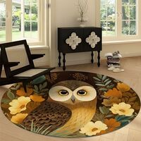 Washable Retro Area Rug Round 2' x 2', Flowers Grass Animal Owl Throw Low-Pile Indoor Roun