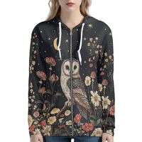 Frestree Cartoon Owl Women's Zip Up Hoodies, Lightweight Breathable Starry Sky Flower Mushroom 