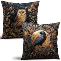 William Morris Inspired Owl & Crow Pillow Cover Set of 2 - Vintage Floral Art Throw Pillowcase -