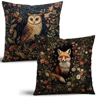William Morris Inspired Fox & Owl Pillow Cover Set of 2 - Vintage Floral Art Throw Pillowcase -