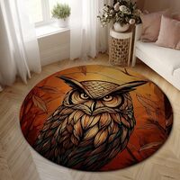 Owl Area Rug, Autumn Nature Leaves Feathers Fall Orange Low Pile Foam Home Floor Circle Print Carpet