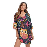 RPLIFE Cute Owl Floral Dark Chiffon Dress 3/4 Sleeve Swing Party Dress S-XXL