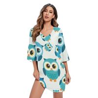 Cute Blue Teal Owls V Neck Line Dress 3/4 Sleeve Print Line Dress S-XXL