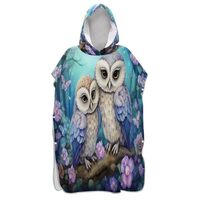 Owls Floral Surf Poncho for Adults, Quick Dry Beach Changing Robe, Lightweight Hooded Towel with Sna