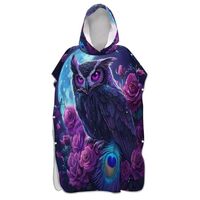 Owl Print Epic Digital Art Violet Quick Dry Hooded Beach Poncho Changing Robe for Adults, Lightweigh