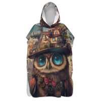 Whimsical Owl Painting Hooded Quick Dry Changing Poncho Towel for Adults, Plush Absorbent Surf Bath 