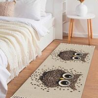 Coffee Owl Kitchen Runner Rug 2x5 Bathroom Rug with Tassels Washable Woven Area Rugs Cute Bird Big E