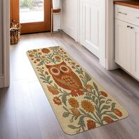 Owl Runner Rug, Autumn Botanical Flowers Leaves Fall Orange Low Pile Sponge Edge Binding Home Rectan